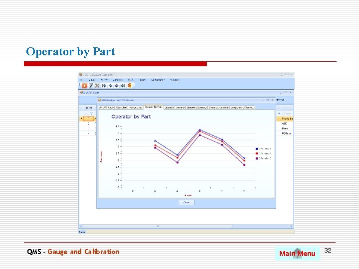 Operator by Part. QMS – Gauge and Calibration Main Menu 32 