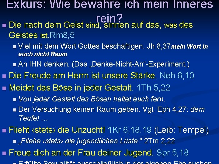 Exkurs: Wie bewahre ich mein Inneres rein? n Die nach dem Geist sind, sinnen