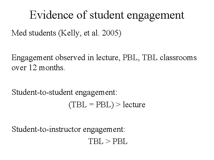 Evidence of student engagement Med students (Kelly, et al. 2005) Engagement observed in lecture,