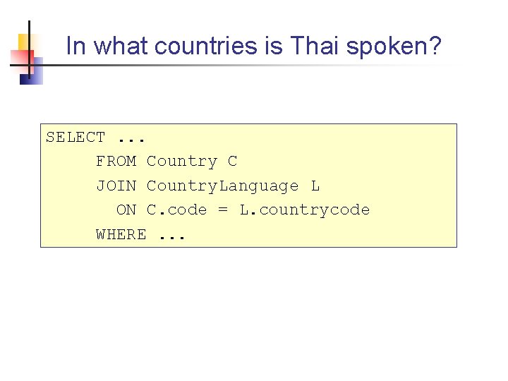 In what countries is Thai spoken? SELECT. . . FROM Country C JOIN Country.