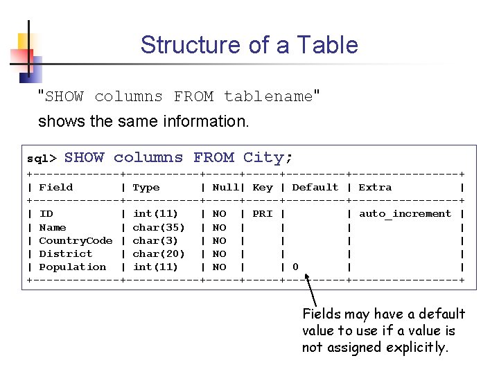 Structure of a Table "SHOW columns FROM tablename" shows the same information. sql> SHOW