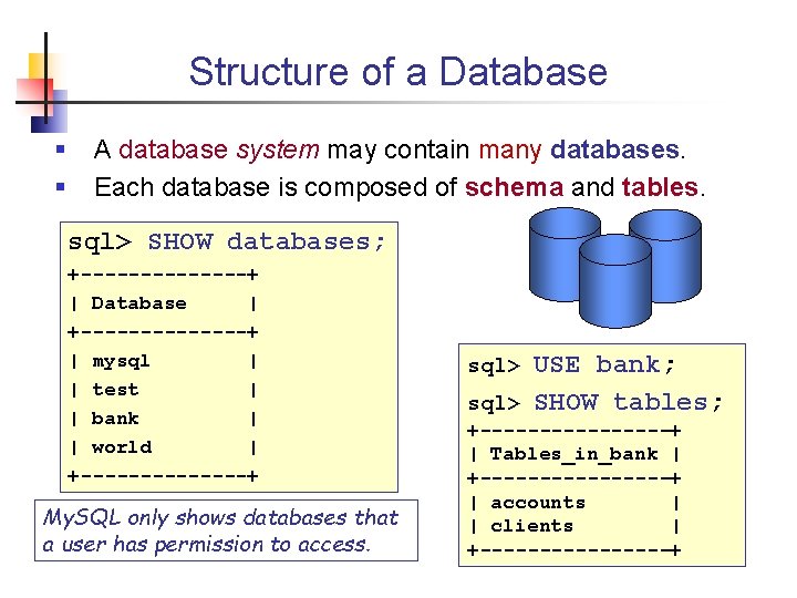 Structure of a Database § § A database system may contain many databases. Each