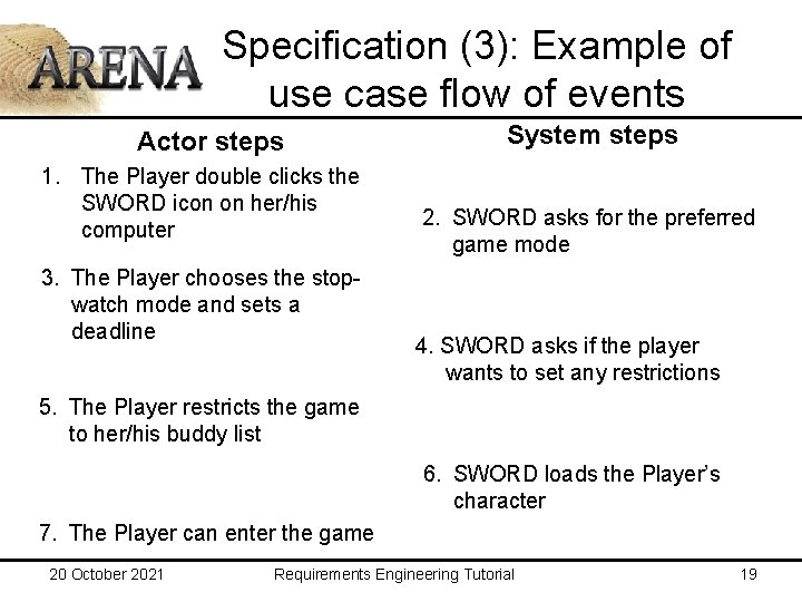 Specification (3): Example of use case flow of events Actor steps 1. The Player