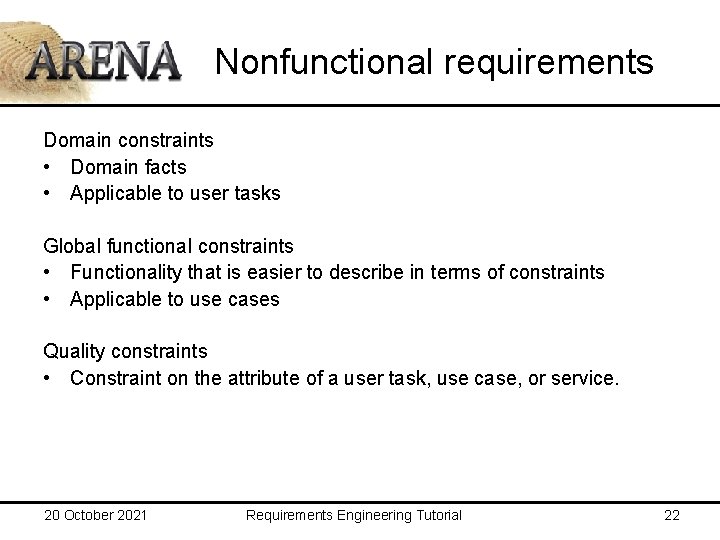 Nonfunctional requirements Domain constraints • Domain facts • Applicable to user tasks Global functional