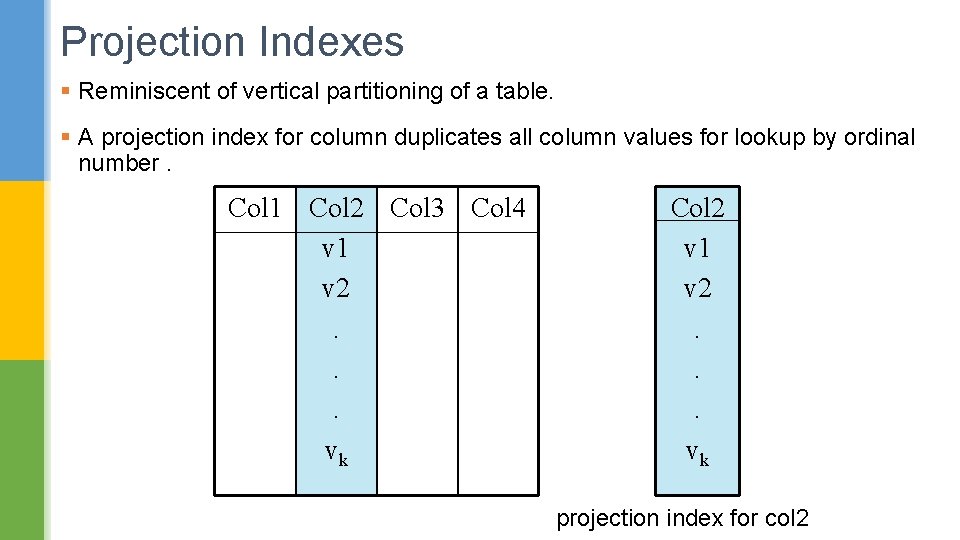 Projection Indexes § Reminiscent of vertical partitioning of a table. § A projection index