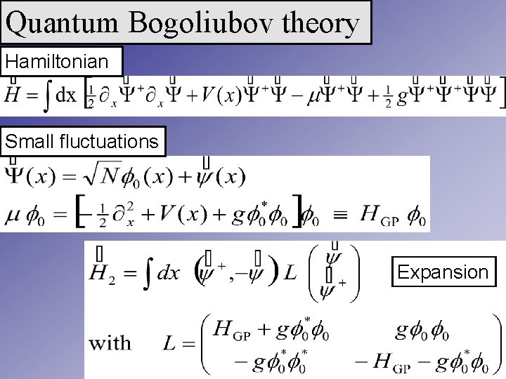 Quantum Bogoliubov theory Hamiltonian Small fluctuations Expansion Fig. Jav 