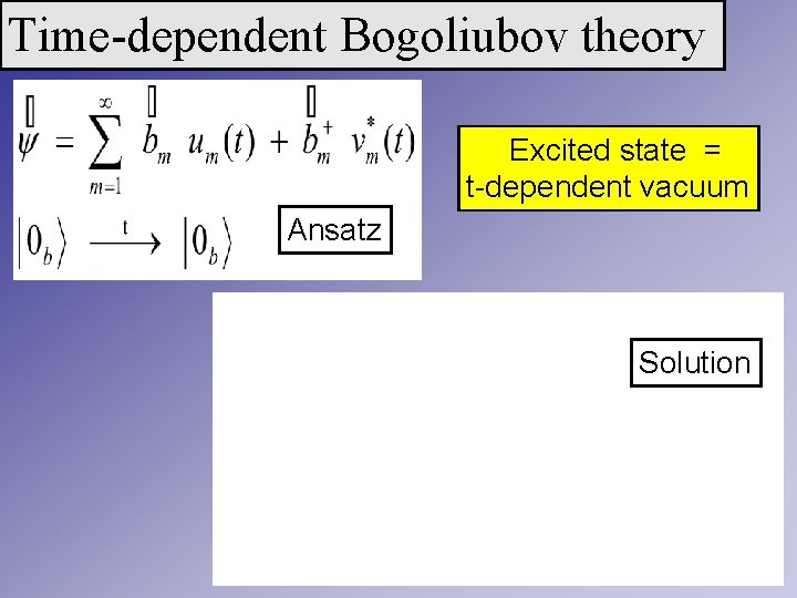 Time-dependent Bogoliubov theory Excited state = t-dependent vacuum Ansatz Solution 