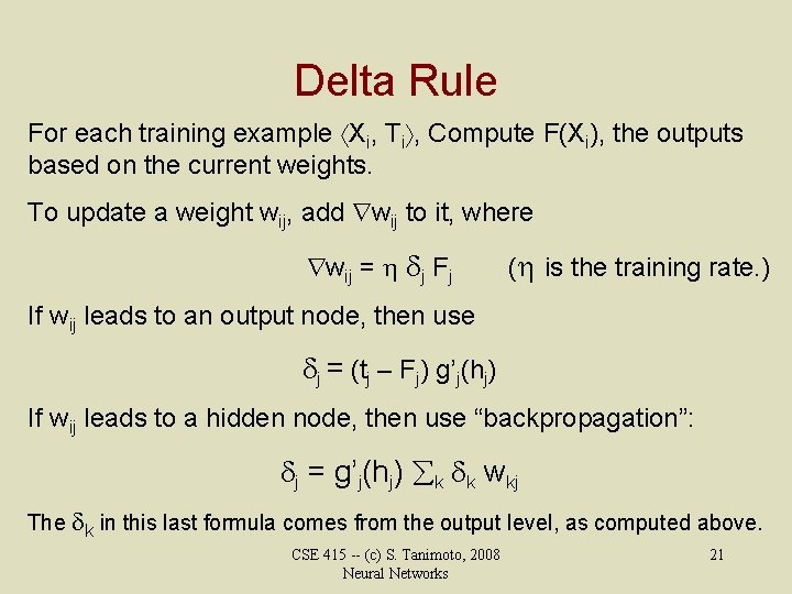 Delta Rule For each training example Xi, Ti , Compute F(Xi), the outputs based