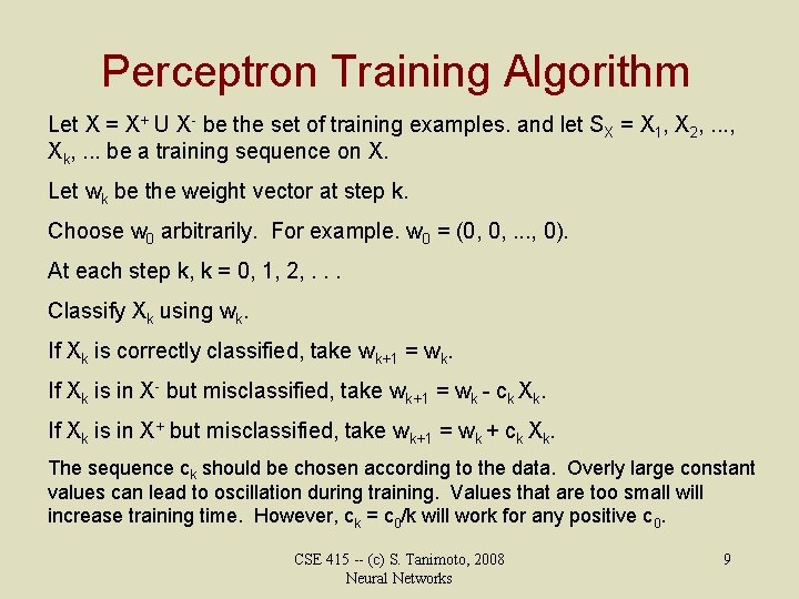 Perceptron Training Algorithm Let X = X+ U X- be the set of training
