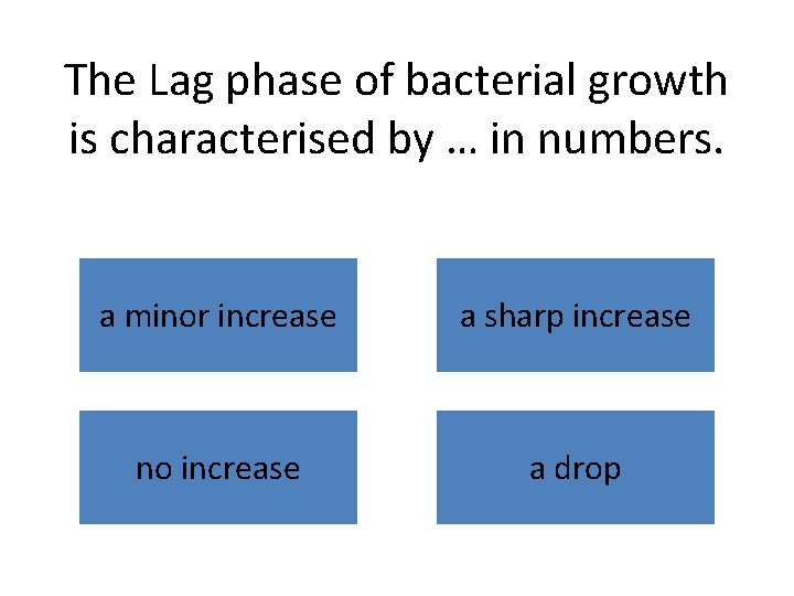 The Lag phase of bacterial growth is characterised by … in numbers. a minor