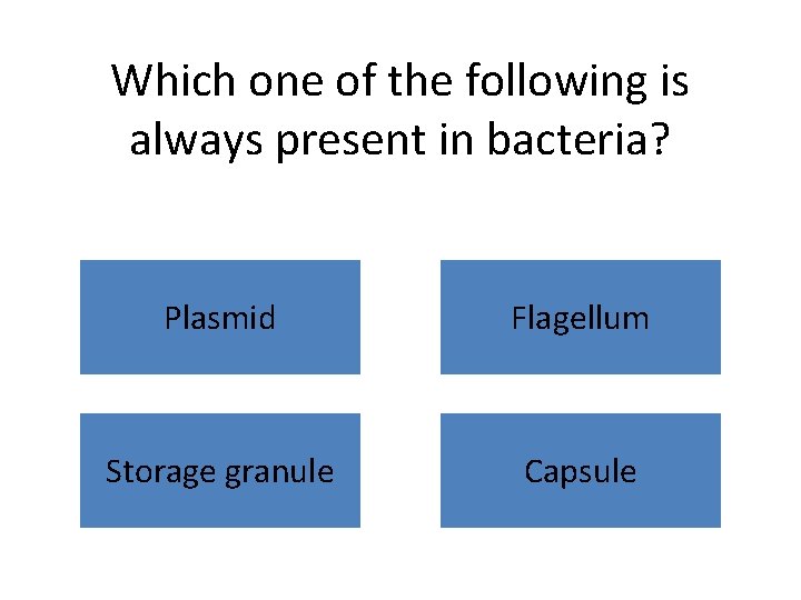 Which one of the following is always present in bacteria? Plasmid Flagellum Storage granule