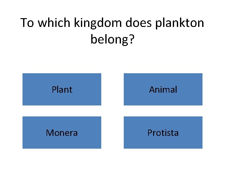 To which kingdom does plankton belong? Plant Animal Monera Protista 