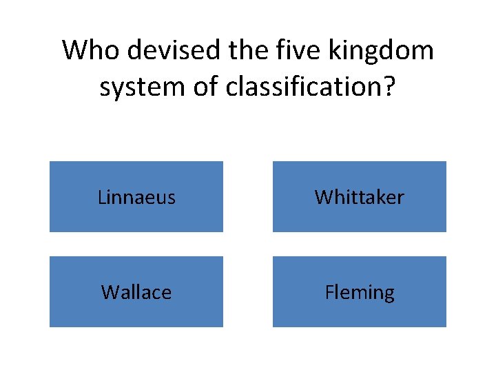 Who devised the five kingdom system of classification? Linnaeus Whittaker Wallace Fleming 