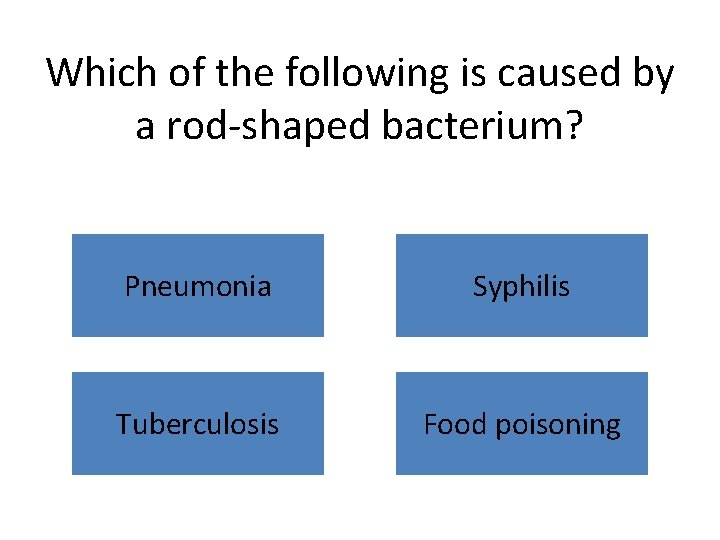 Which of the following is caused by a rod-shaped bacterium? Pneumonia Syphilis Tuberculosis Food