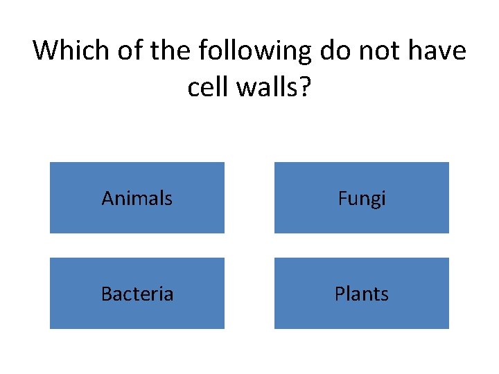 Which of the following do not have cell walls? Animals Fungi Bacteria Plants 