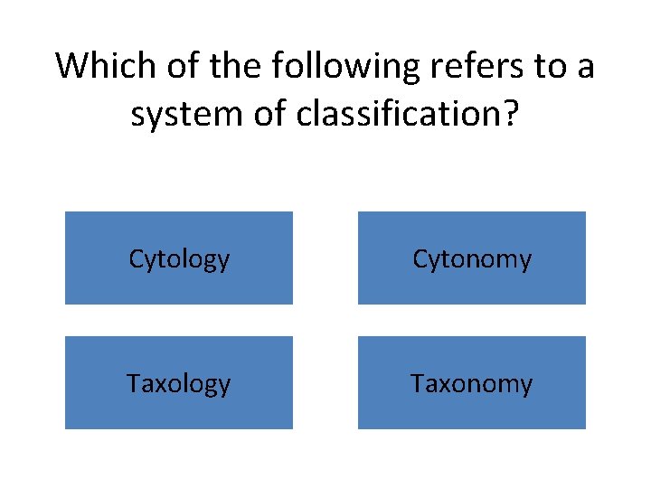 Which of the following refers to a system of classification? Cytology Cytonomy Taxology Taxonomy