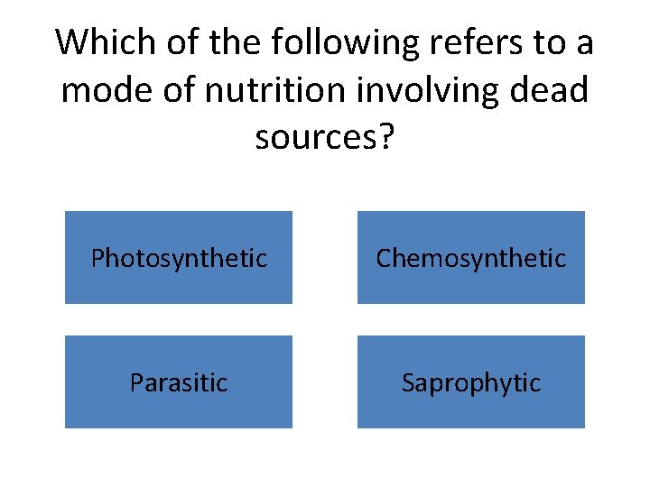 Which of the following refers to a mode of nutrition involving dead sources? Photosynthetic