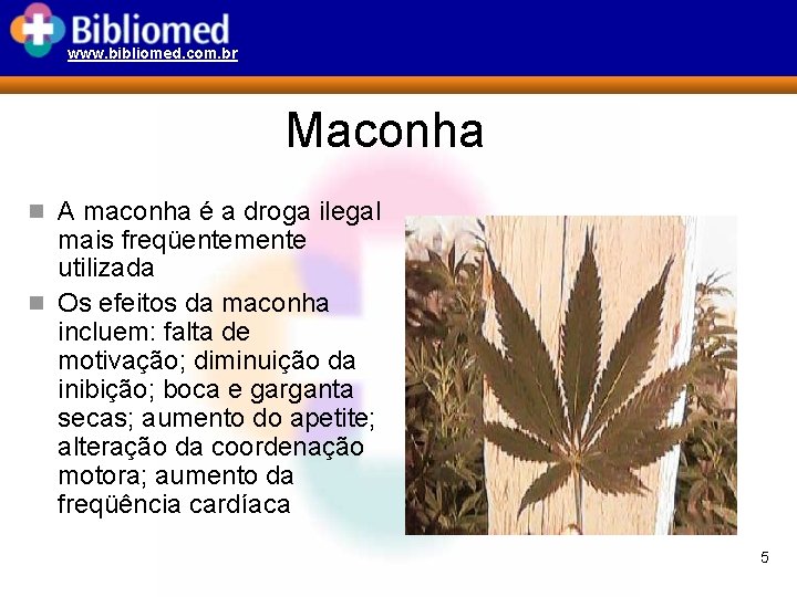 www. bibliomed. com. br Maconha n A maconha é a droga ilegal mais freqüentemente