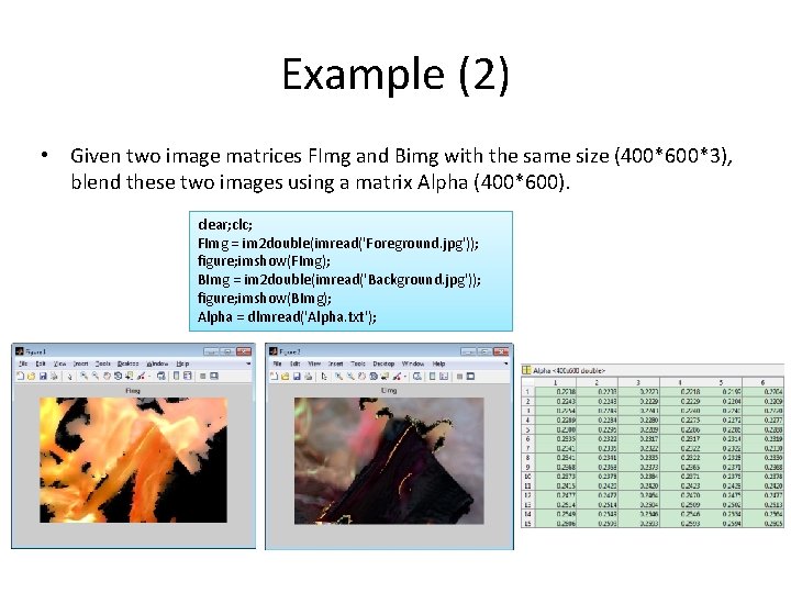 Example (2) • Given two image matrices FImg and Bimg with the same size