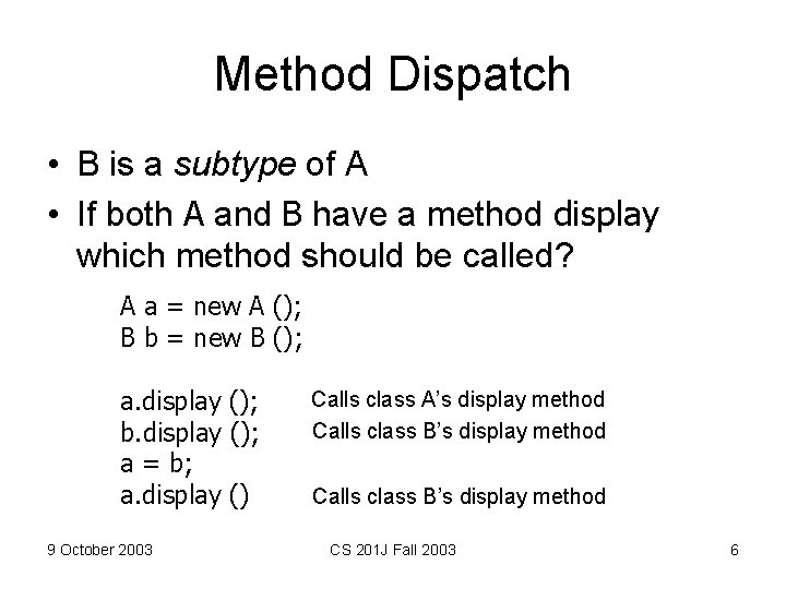 Method Dispatch • B is a subtype of A • If both A and