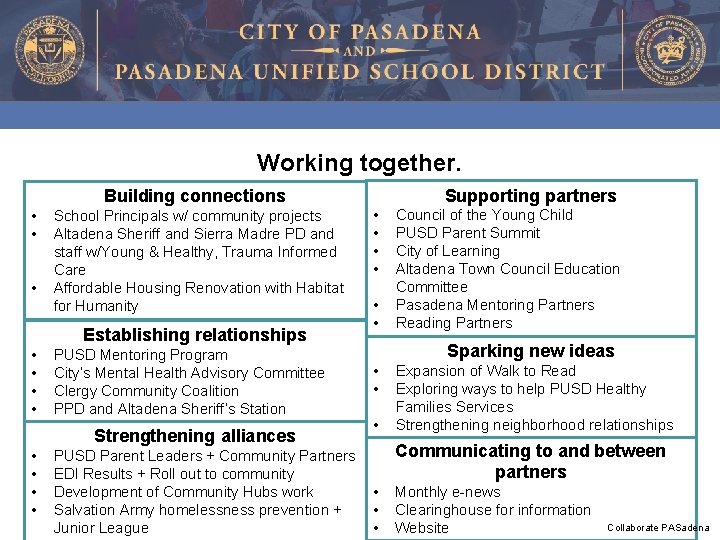 Working together. Supporting partners Building connections • • • School Principals w/ community projects