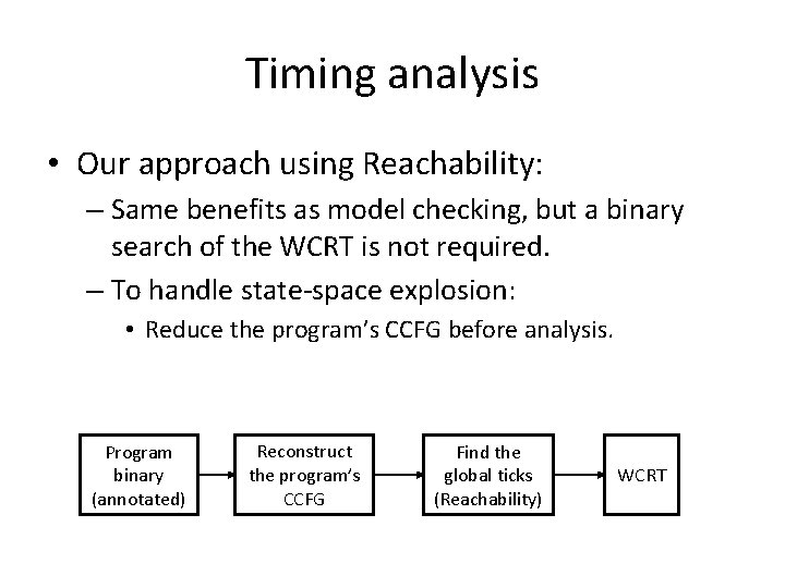 Timing analysis • Our approach using Reachability: – Same benefits as model checking, but