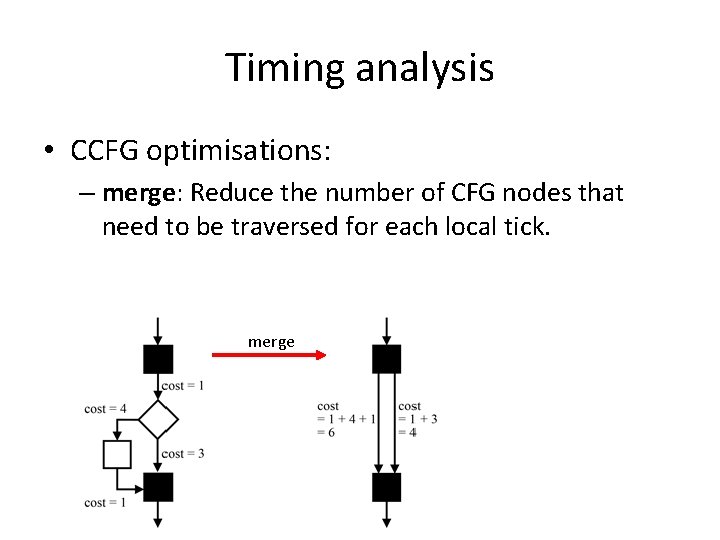 Timing analysis • CCFG optimisations: – merge: Reduce the number of CFG nodes that