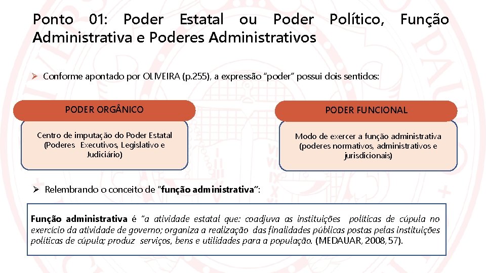 Ponto 01: Poder Estatal ou Poder Político, Administrativa e Poderes Administrativos Função Conforme apontado