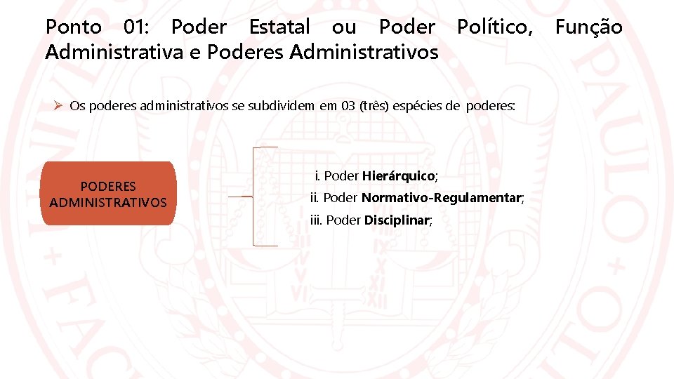Ponto 01: Poder Estatal ou Poder Político, Administrativa e Poderes Administrativos Os poderes administrativos