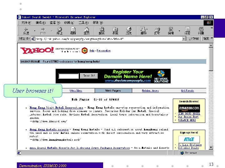 forward Hotel 1 3 Hotel 2 User browses it! Demonstration, SIGMOD 2000 done 13