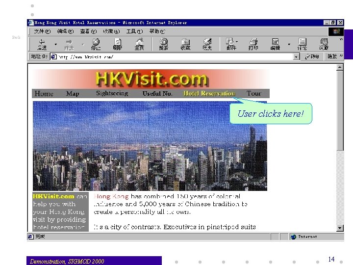 Back User clicks here! Demonstration, SIGMOD 2000 14 