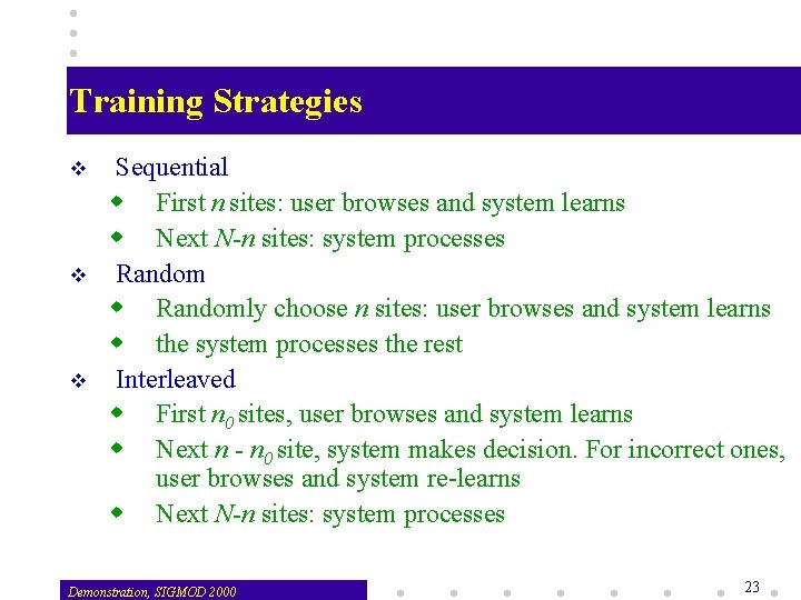 Training Strategies v v v Sequential w First n sites: user browses and system