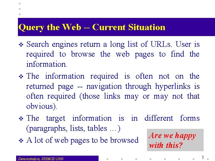 Query the Web -- Current Situation Search engines return a long list of URLs.