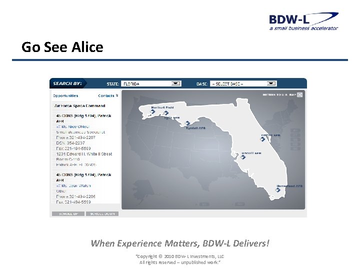 Go See Alice When Experience Matters, BDW-L Delivers! “Copyright © 2010 BDW-L Investments, LLC