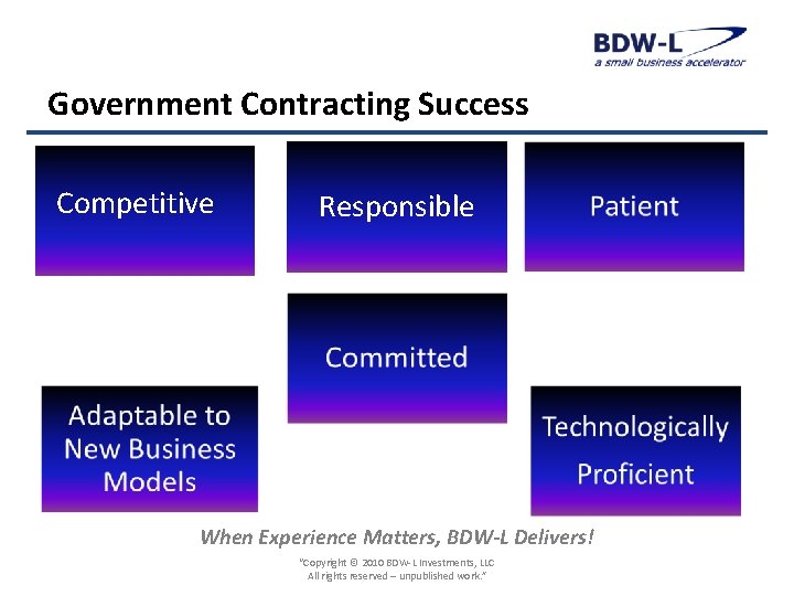 Government Contracting Success Competitive Responsible When Experience Matters, BDW-L Delivers! “Copyright © 2010 BDW-L