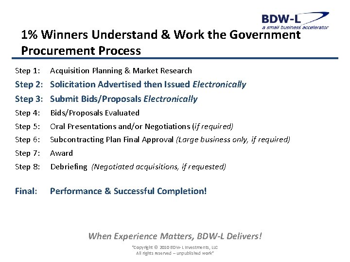 1% Winners Understand & Work the Government Procurement Process Step 1: Acquisition Planning &