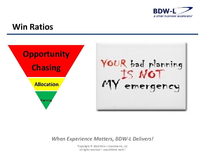 Win Ratios Opportunity Chasing Allocation Planning When Experience Matters, BDW-L Delivers! “Copyright © 2010