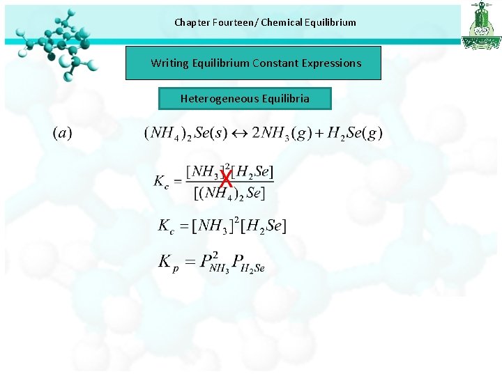 Chapter Fourteen/ Chemical Equilibrium Writing Equilibrium Constant Expressions Heterogeneous Equilibria X 