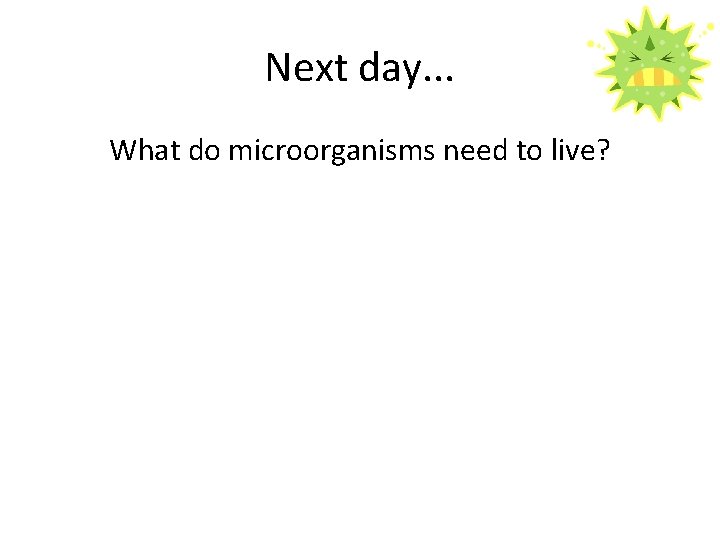 Next day. . . What do microorganisms need to live? 