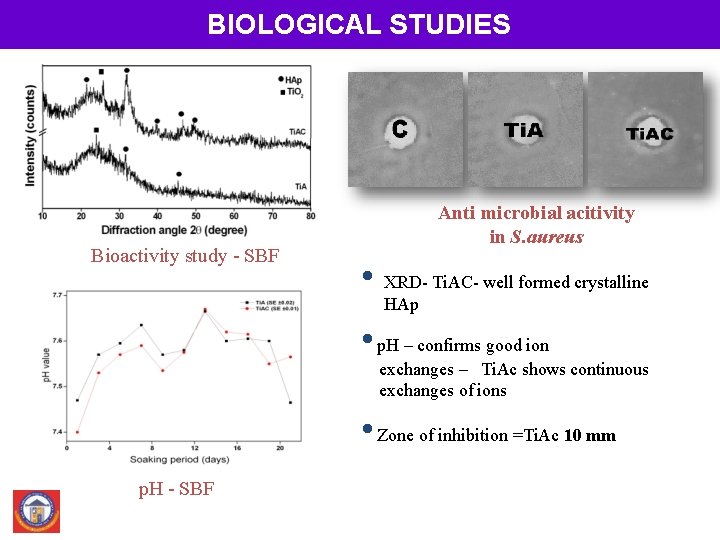 BIOLOGICAL STUDIES Bioactivity study - SBF Anti microbial acitivity in S. aureus • XRD-