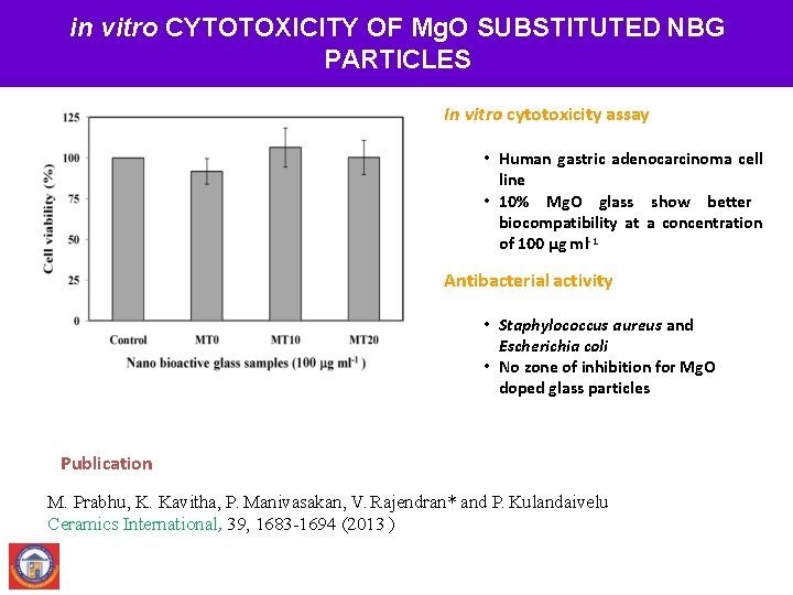 in vitro CYTOTOXICITY OF Mg. O SUBSTITUTED NBG PARTICLES In vitro cytotoxicity assay •