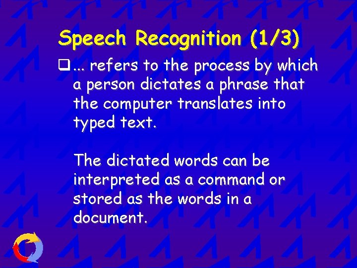 Speech Recognition (1/3) q. . . refers to the process by which a person