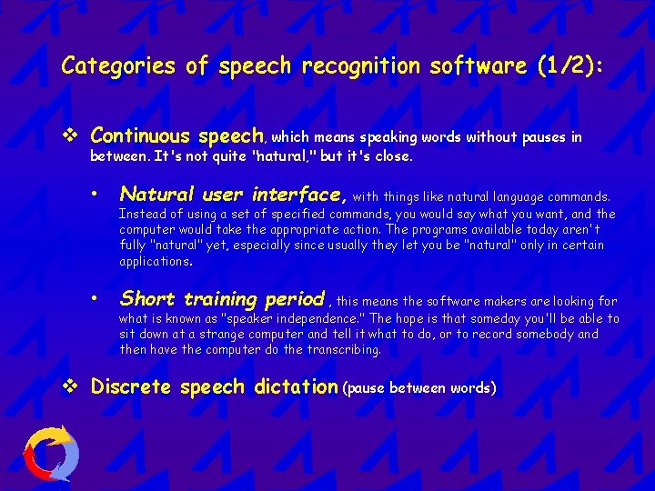 Categories of speech recognition software (1/2): v Continuous speech, which means speaking words without