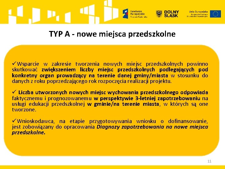 TYP A - nowe miejsca przedszkolne üWsparcie w zakresie tworzenia nowych miejsc przedszkolnych powinno