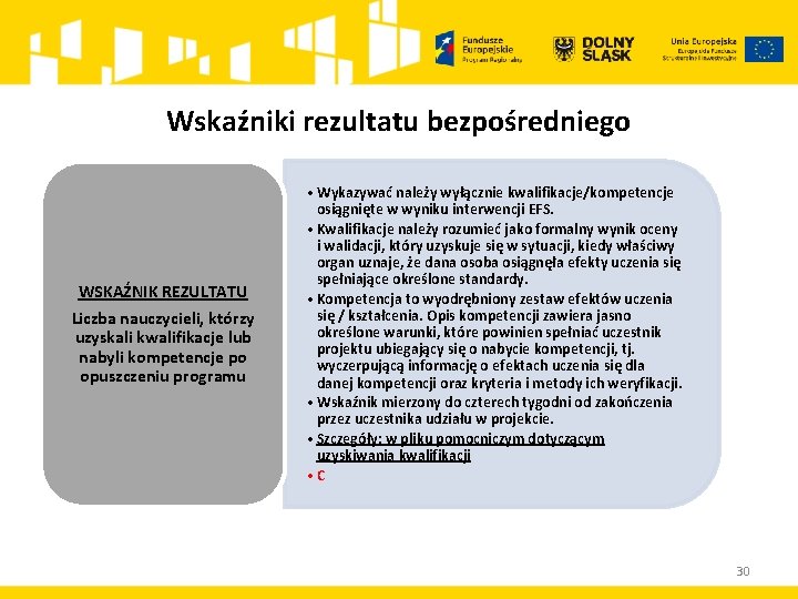 Wskaźniki rezultatu bezpośredniego WSKAŹNIK REZULTATU Liczba nauczycieli, którzy uzyskali kwalifikacje lub nabyli kompetencje po