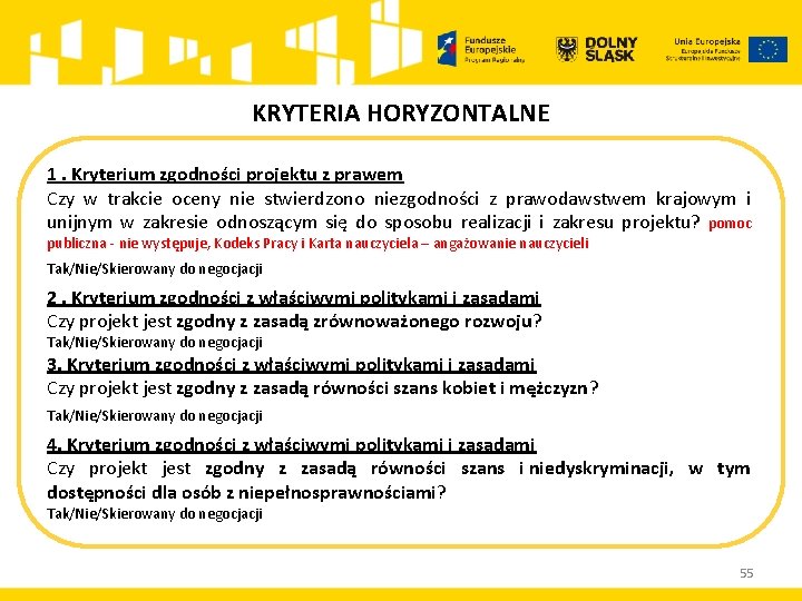 KRYTERIA HORYZONTALNE 1. Kryterium zgodności projektu z prawem Czy w trakcie oceny nie stwierdzono