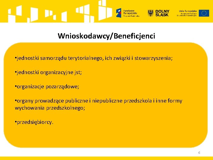 Wnioskodawcy/Beneficjenci • jednostki samorządu terytorialnego, ich związki i stowarzyszenia; • jednostki organizacyjne jst; •