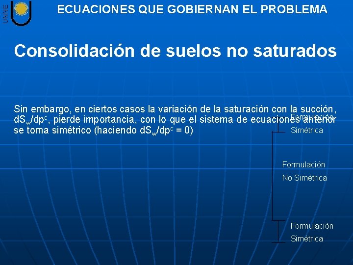 UNNE ECUACIONES QUE GOBIERNAN EL PROBLEMA Consolidación de suelos no saturados Sin embargo, en