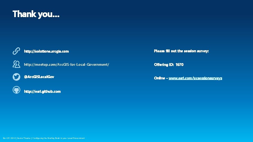 Thank you… http: //solutions. arcgis. com Please fill out the session survey: http: //meetup.