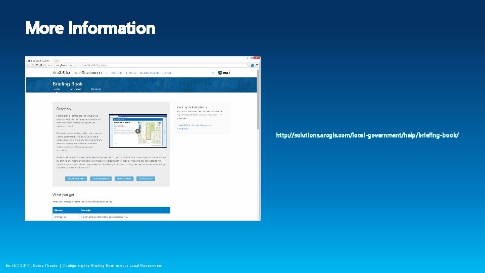More Information http: //solutions. arcgis. com/local-government/help/briefing-book/ Esri UC 2014 | Demo Theater | Configuring
